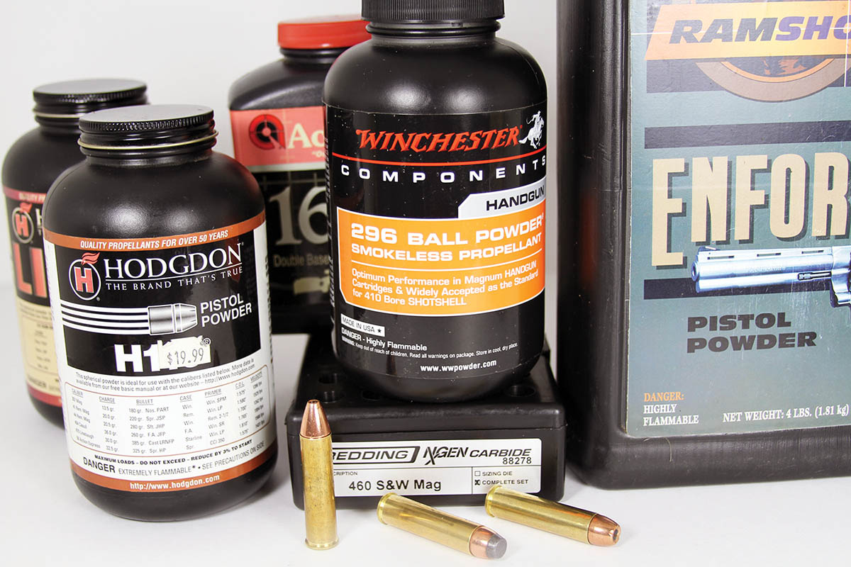 A wide range of propellants are suitable for use with the 460 S&W Magnum, though the number decreases as projectile weight increases. Most are slow-burning handgun and shotgun propellants.